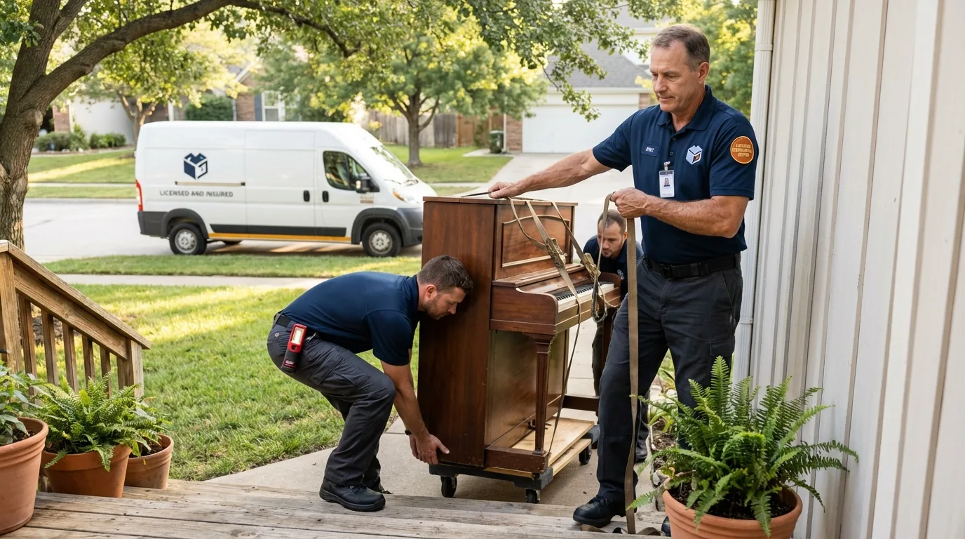 Licensed piano movers securing grand piano in Manorville, NY
