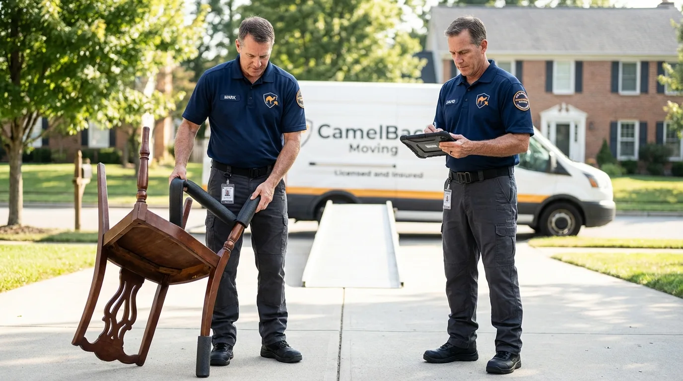 Movers inspecting furniture for damage prevention before loading in Manorville, NY