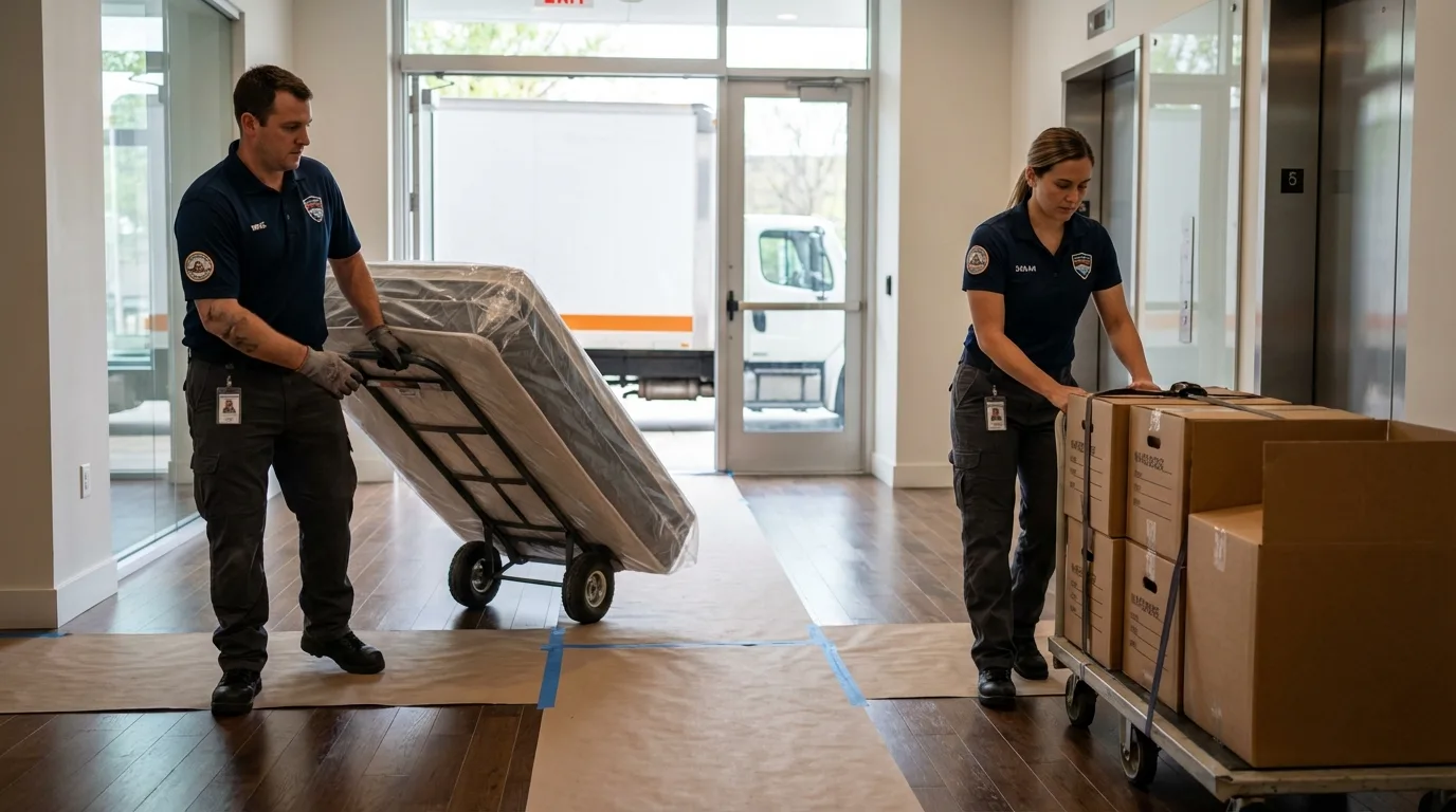 Professional apartment movers loading elevator in Manorville, NY