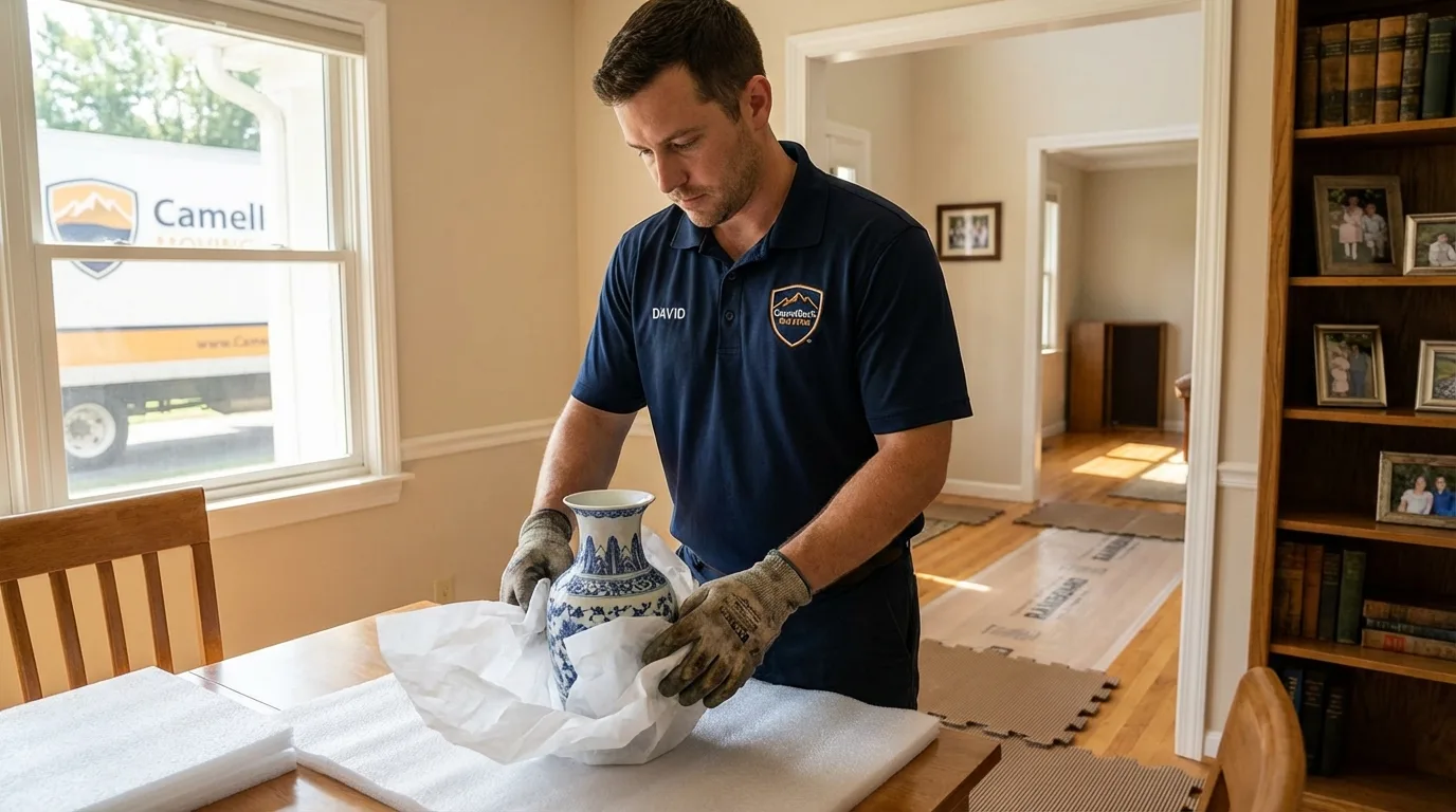 Professional crew carefully wrapping antique vase for senior downsizing move in Manorville, NY