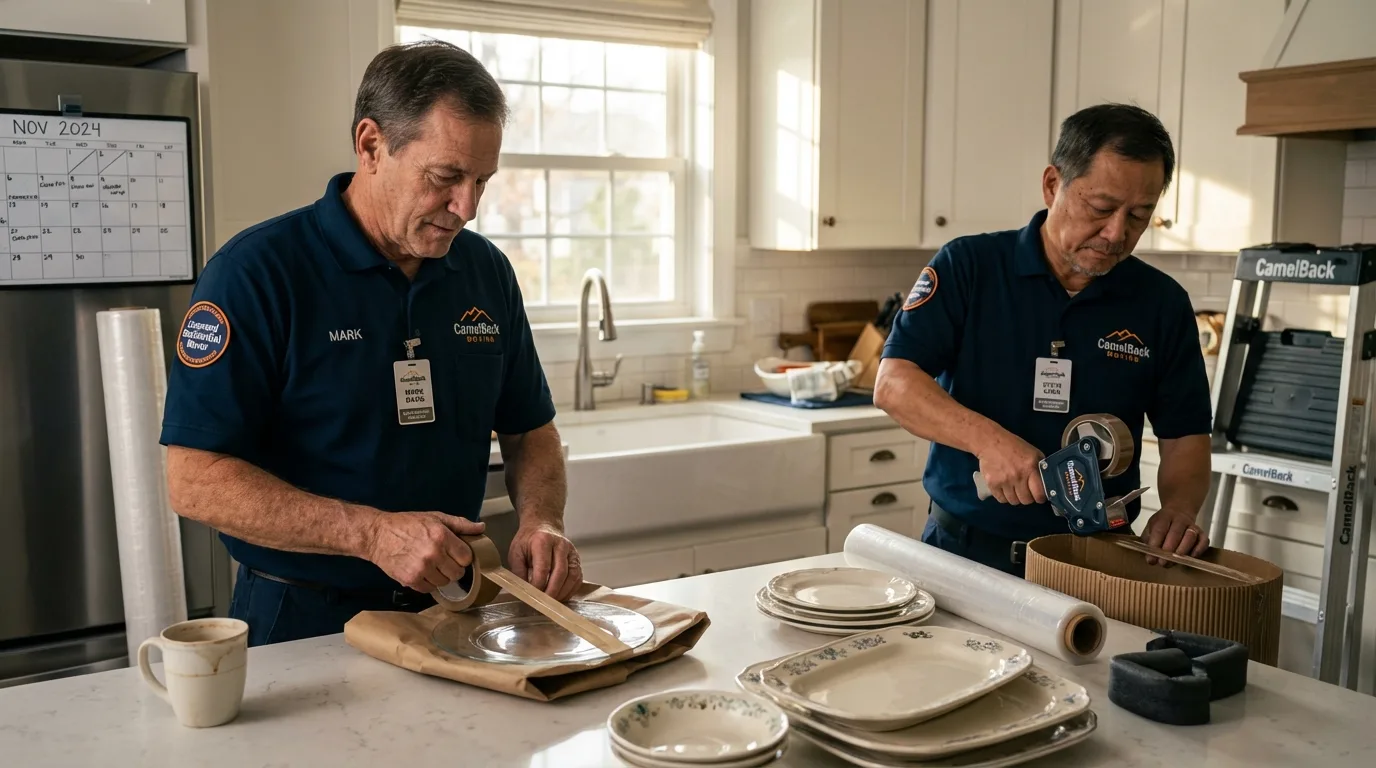 Professional crew packing kitchen dishware in Manorville, NY