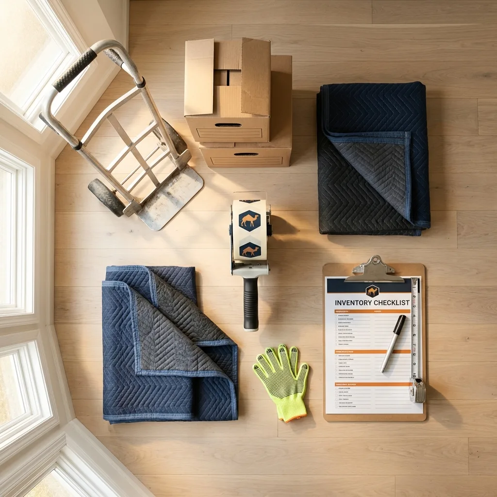 Professional moving supplies and packing materials layout for Manorville residential relocations